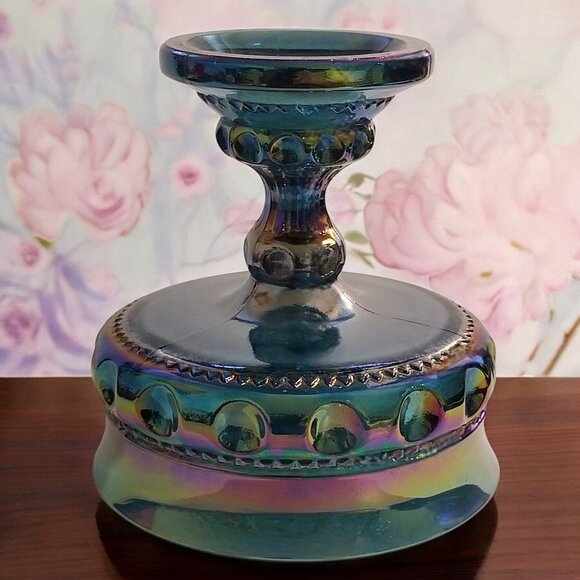 Iridescent Blue Carnival Glass Compote Dish by Indiana Kings Crown Thumbprint - Picture 6 of 11